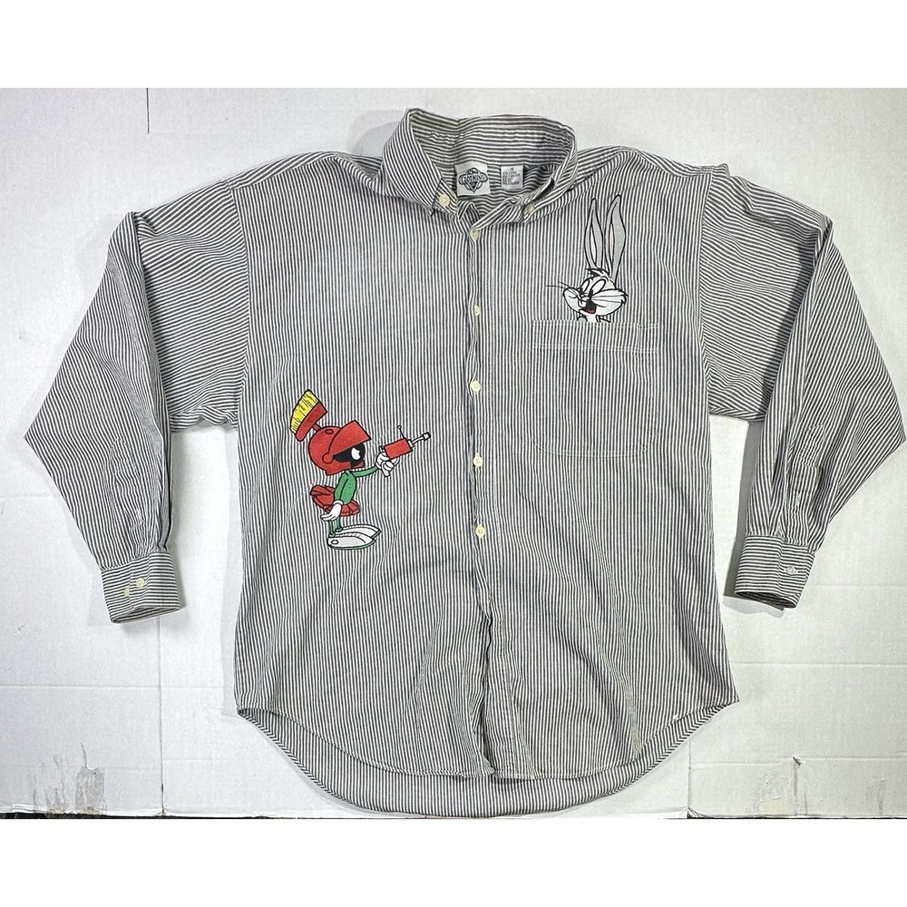 Vintage 90s ACME Looney Tunes Marvin Martian Bugs Bunny Stripe Shirt  M